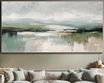 Landscape Oil Painting On Canvas Minimalist Mountain Textured Wall Art Large Horizontal Modern Soft Green Beige Art Original Wall Decor