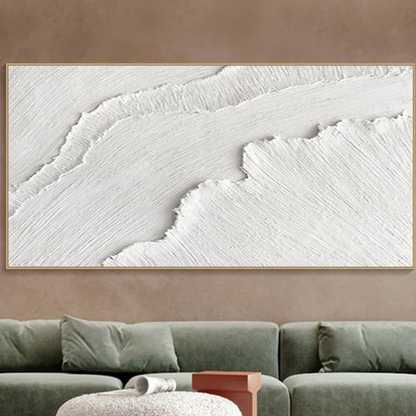 3D White Minimalist Ocean Waves Art Painting on Canvas White 3D Textural Painting Wabi-Sabi Wall Art Living Room Painting Fashion Room Decor