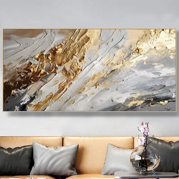Gold Abstract Paitning on Canvas Textured Wall Art Gold Foil Painting Boho Wall Decor Bright painting Large Modern Art Living Room Art