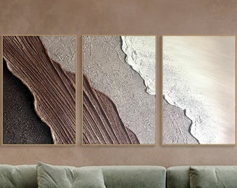 3D Framed Textured Wall Art Ocean Wave Painting on Canvas Triptych Home Decor Brown Minimalist Painting Earth Tone Wabi-Sabi Living Room Art