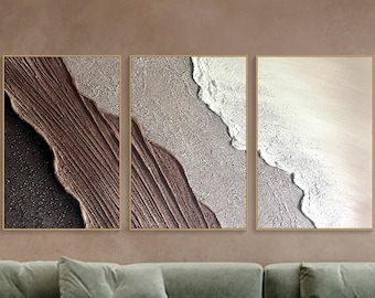 3D-gerahmte, strukturierte Wandkunst, Meereswellengemälde auf Leinwand, Triptychon, Heimdekoration, braunes, minimalistisches Gemälde, Erdton, Wabi-Sabi-Wohnzimmerkunst