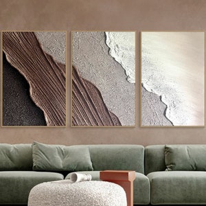 3D Framed Textured Wall Art Ocean Wave Painting on Canvas Triptych Home Decor Brown Minimalist Painting Earth Tone Wabi-Sabi Living Room Art