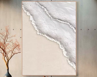 Wandkunst mit 3D-Rahmen und Gipsstruktur: Weiße Welle am beigen Strand – minimalistische Ölgemälde-Leinwand im Wabi-Sabi-Stil für moderne Inneneinrichtung