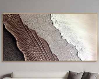 3D Framed Textured Wall Art Ocean Wave Painting on Canvas Triptych Home Decor Brown Minimalist Painting Earth Tone Wabi-Sabi Living Room Art