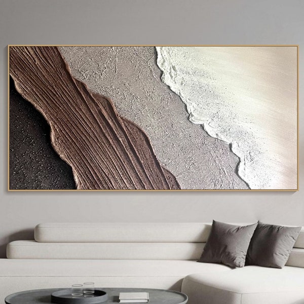 3D Framed Textured Wall Art Ocean Wave Painting on Canvas Triptych Home Decor Brown Minimalist Painting Earth Tone Wabi-Sabi Living Room Art