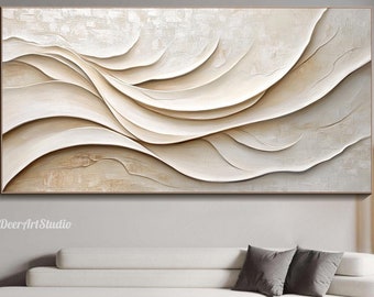 3D Ocean Waves Textured Wall Art Beige Wabi-Sabi Wall Art Minimalist Plaster Painting on Canvas Original Abstract Painting Living Room Decor