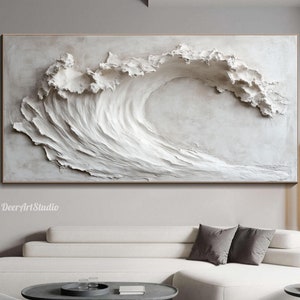 3D White Ocean Waves Textured Wall Art Minimalist Painting on Canvas  Original Wabi-Sabi Wall Art Coastal Canvas Painting Living Room Decor