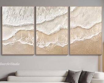 3 Piece Textured Beige Coastal Wall Art Large Beach Wave Painting on Canvas Neutral Ocean Triptych Art Modern Sand Sea Seascape Bedroom Art