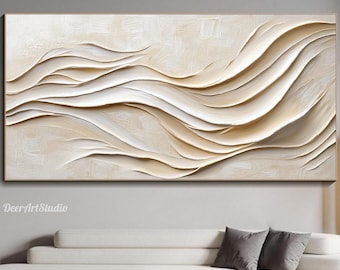 3D Ocean Waves Textured Wall Art Large Wabi-Sabi Wall Art Minimalist Painting on Canvas Fashion Plaster Wall Art Modern Living Room Decor