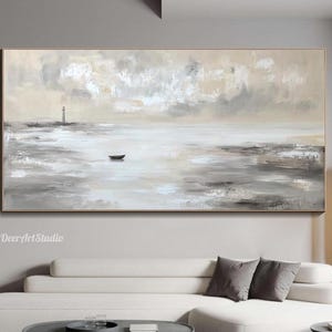 Textured Beige Wall Art Landscape Oil Painting On Canvas Neutral Minimalist Coastal Art Modern Horizontal Mountain Reflection Wall Decor