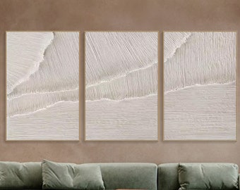 3D Textured Sea Waves Triptych Art on Canvas, Beige Minimalist Ocean Painting, Wabi-Sabi Wall Decor, Living Room Art, Fashion Room Decor
