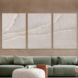 3D Textured Sea Waves Triptych Art on Canvas, Beige Minimalist Ocean Painting, Wabi-Sabi Wall Decor, Living Room Art, Fashion Room Decor