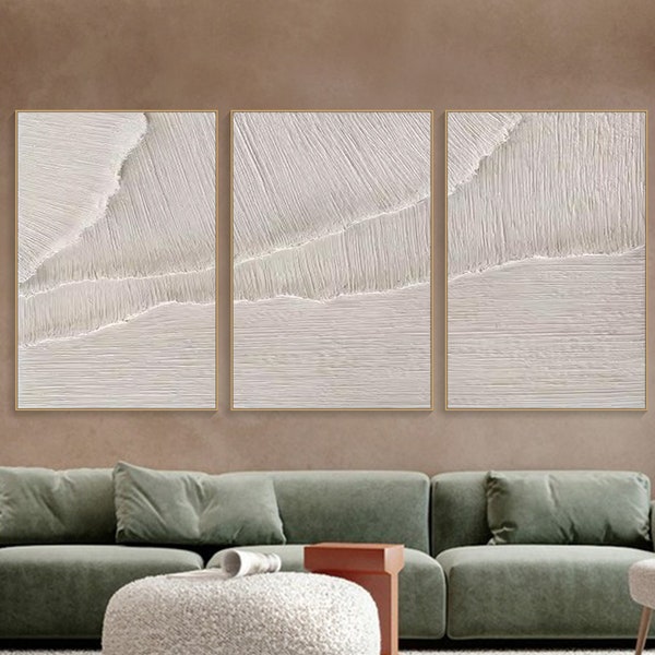 Triptyque 3D texturé vagues de la mer sur toile, peinture océan minimaliste beige, décoration murale wabi-sabi, oeuvre d'art pour le salon, décoration de chambre tendance