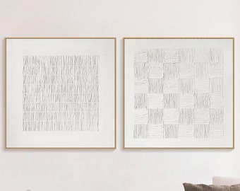 Original Minimalist Textured Wall Art 3D Plaster Painting on Canvas White Wabi-Sabi Wall Art Set of 2 Painting Home Decor Living Room Art