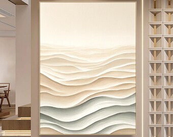 Art mural 3D avec texture en plâtre : vague blanche sur plage beige - Toile peinture à l'huile minimaliste de style wabi-sabi pour une décoration intérieure moderne