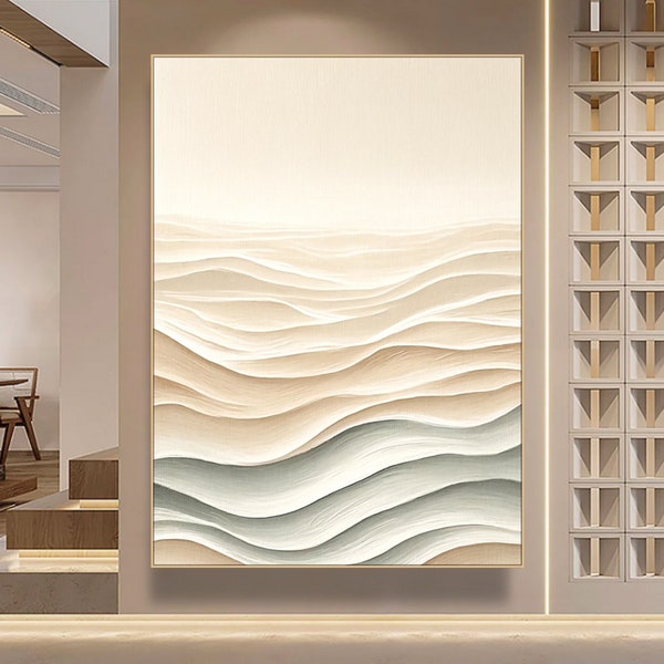 Arte de pared con textura de yeso con marco 3D: Ola blanca en una playa beige - Lienzo de pintura al óleo minimalista en la moda Wabi-Sabi para la decoración moderna del hogar