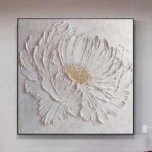 Grande fleur blanche 3D, peinture à l'huile sur toile, peinture acrylique originale, peinture texturée lourde, paysage abstrait, art mural, décoration murale florale