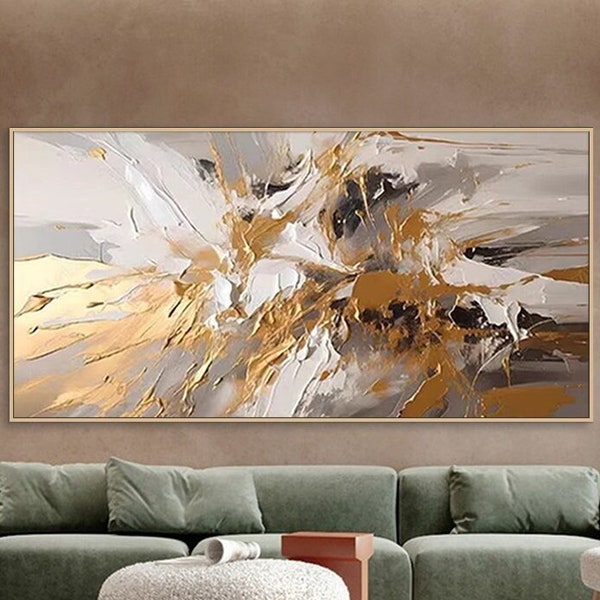 Gold Abstract Paitning on Canvas Textured Wall Art Gold Foil Painting Boho Wall Decor Bright painting Large Modern Art PIanting for Hotel