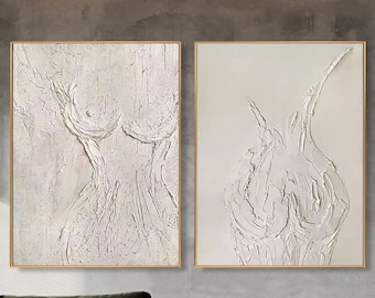 Original Beauty Painting on Canvas 3D Beige Textured Wabi-Sabi Wall Art Trendy Living Room Home Decor  A set of 2 Portrait Painting Party