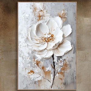 3D Textured Floral Wall Art Hand-Painted Painting On Canvas Modern Minimalist Wall Decor Elegant White Flower Artwork Living Room Decor