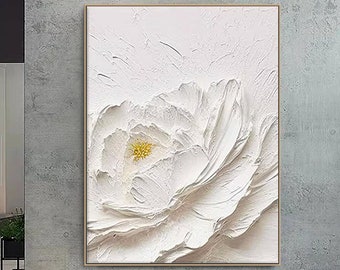 Original 3D White Flower Painting on Canvas Framed Plaster Style Textured Wall Art Ivory Wabi-Sabi Living Room Decor Boho Modern Canvas