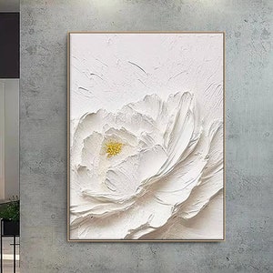Original 3D Blumen Gemälde auf Leinwand eingerahmt Gips Stil texturierte Wand Kunst Wabi-Sabi Wohnzimmer Dekor Boho Moderne Leinwand
