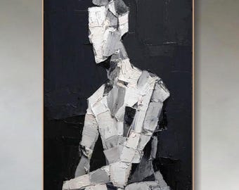 Abstract Black And White Oil Painting On Canvas Minimalist Textured Wall Art Modern Impasto Neutral Wall Decor Large Statement Art
