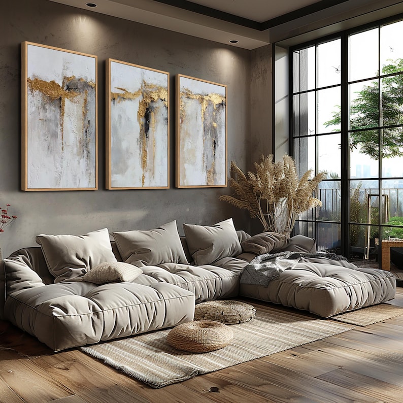 Abstract Gold Leaf Painting on Canvas Triptych Textured Wall Art Modern ...