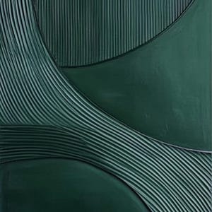 May include: Abstract artwork in shades of dark green. The piece features curved and vertical lines, creating a textured, layered effect. The design has a modern, minimalist aesthetic, with a focus on form and color.