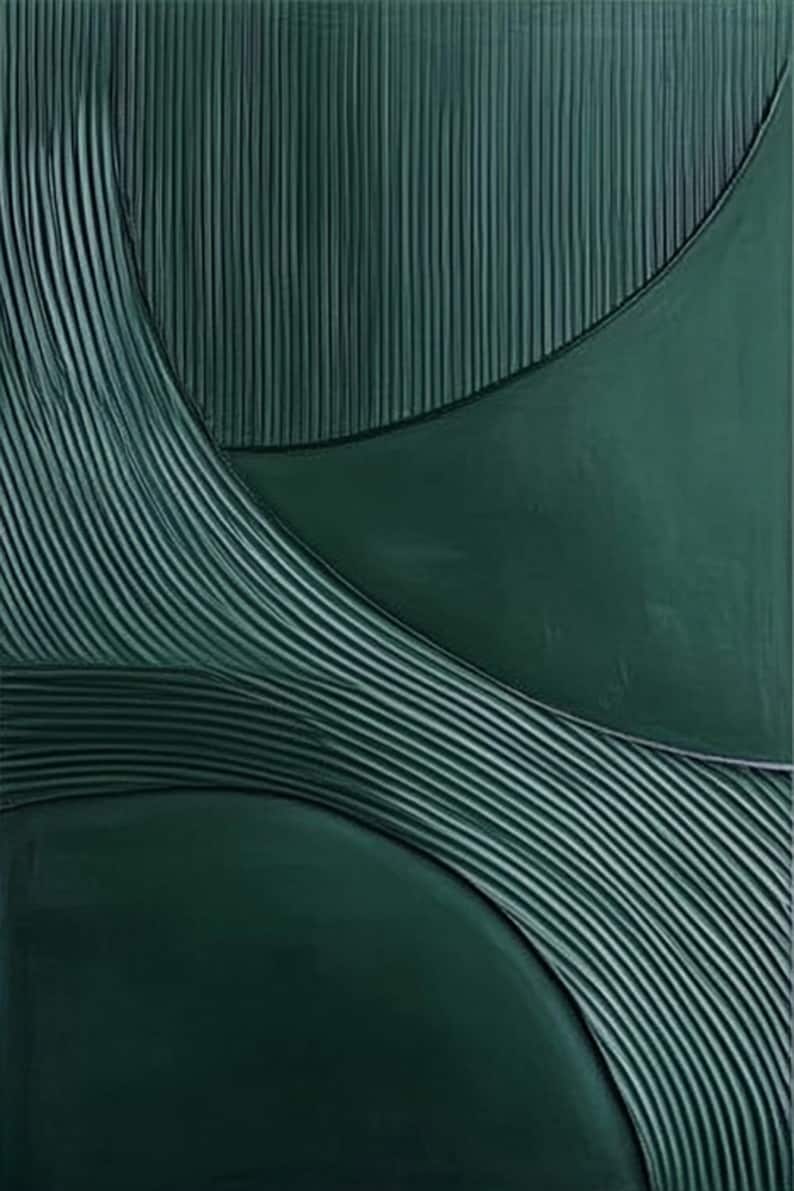 May include: Abstract artwork in shades of dark green. The piece features curved and vertical lines, creating a textured, layered effect. The design has a modern, minimalist aesthetic, with a focus on form and color.