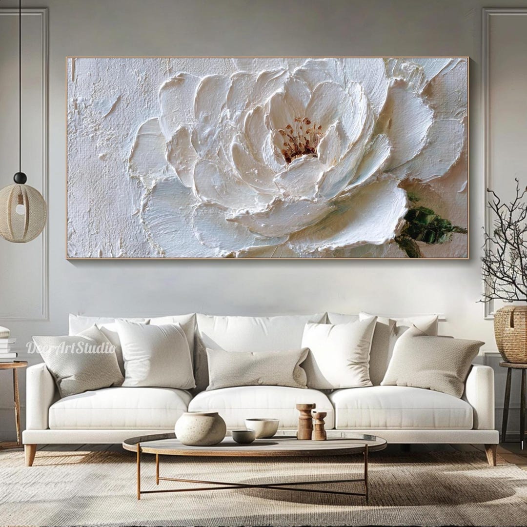 White Flower Textured Painting on Canvas 3D Impasto Floral Textured ...