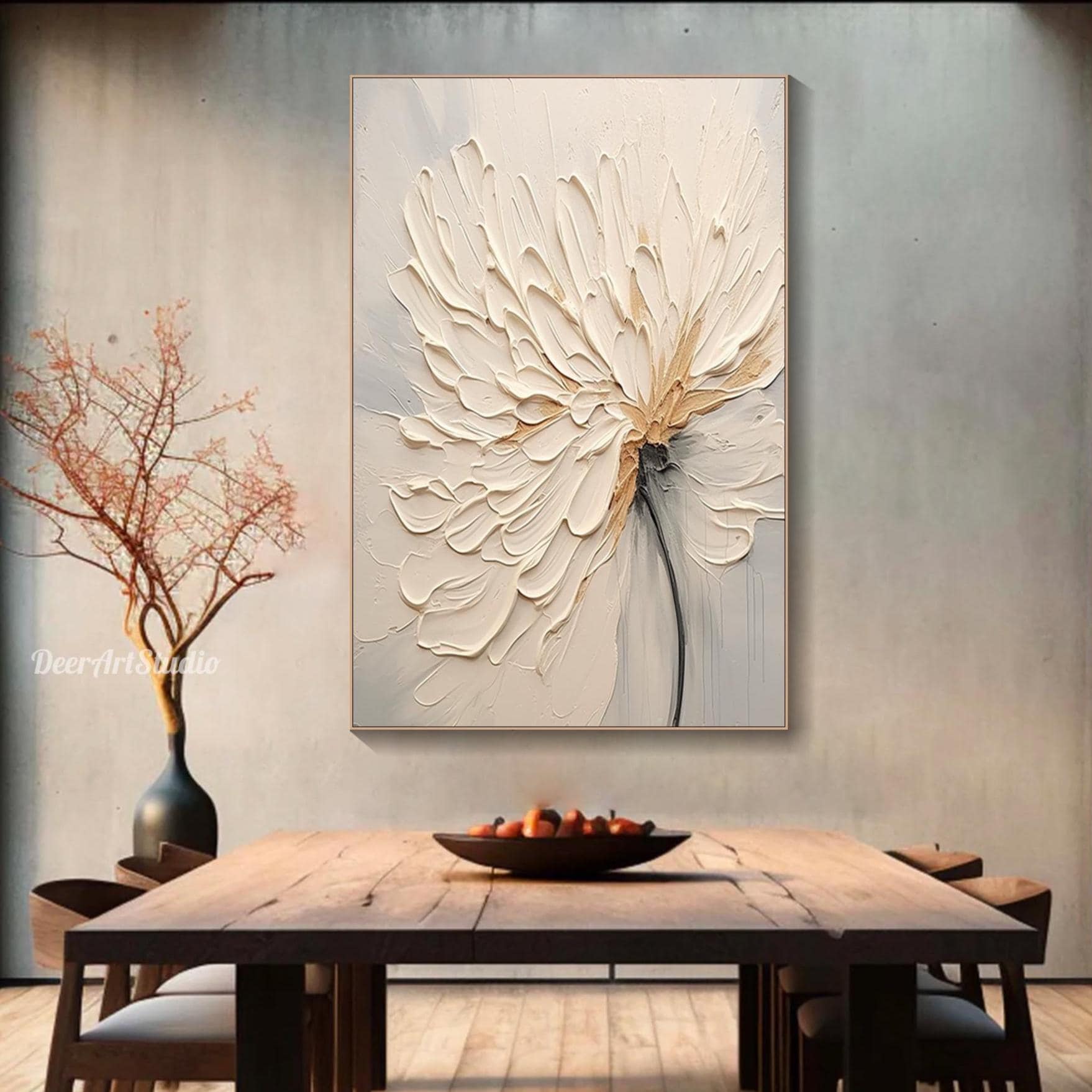 Vertical White Flower 3D Textured Wall Art Hand Painted Oil