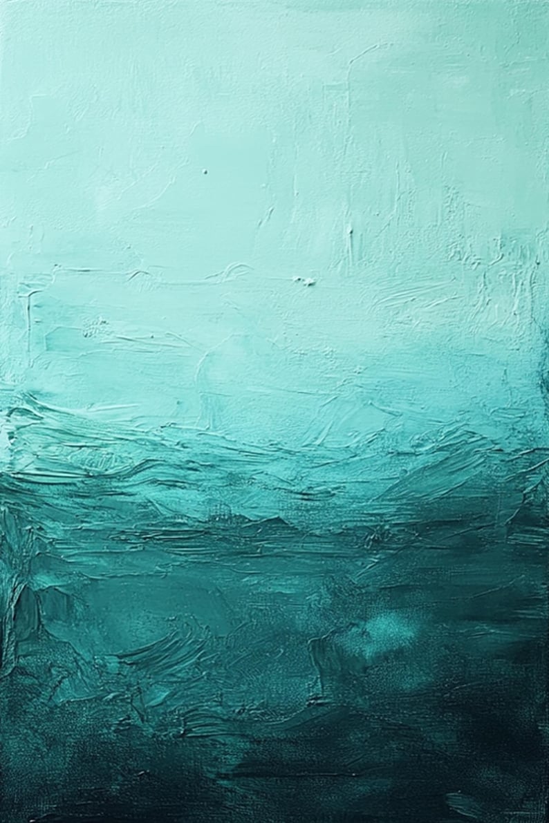 Puede incluir: Pintura abstracta con un degradado de colores turquesa y verde azulado. La pintura se aplica en trazos gruesos, creando una superficie texturizada.