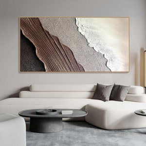 May include: Abstract painting with a textured, layered design. The painting features shades of brown, white, and gray, creating a modern and minimalist aesthetic.
