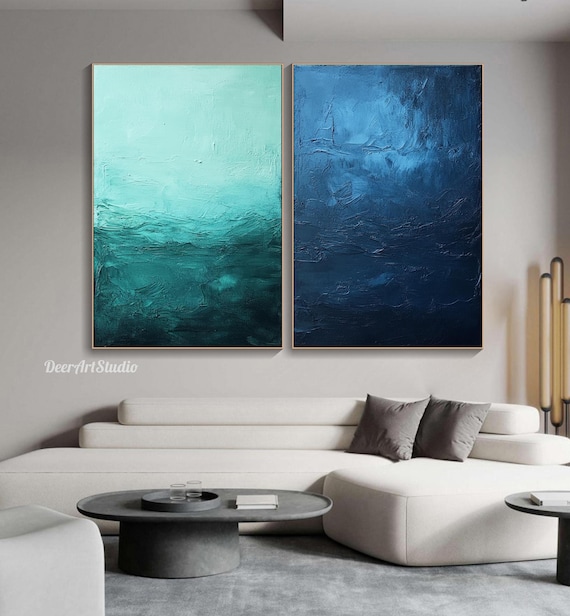 Abstract Ocean Painting Impasto Textured Blue Green Wall Art Minimalist Coastal Canvas Large Two Panel Artwork Nary Teal Gradient Painting