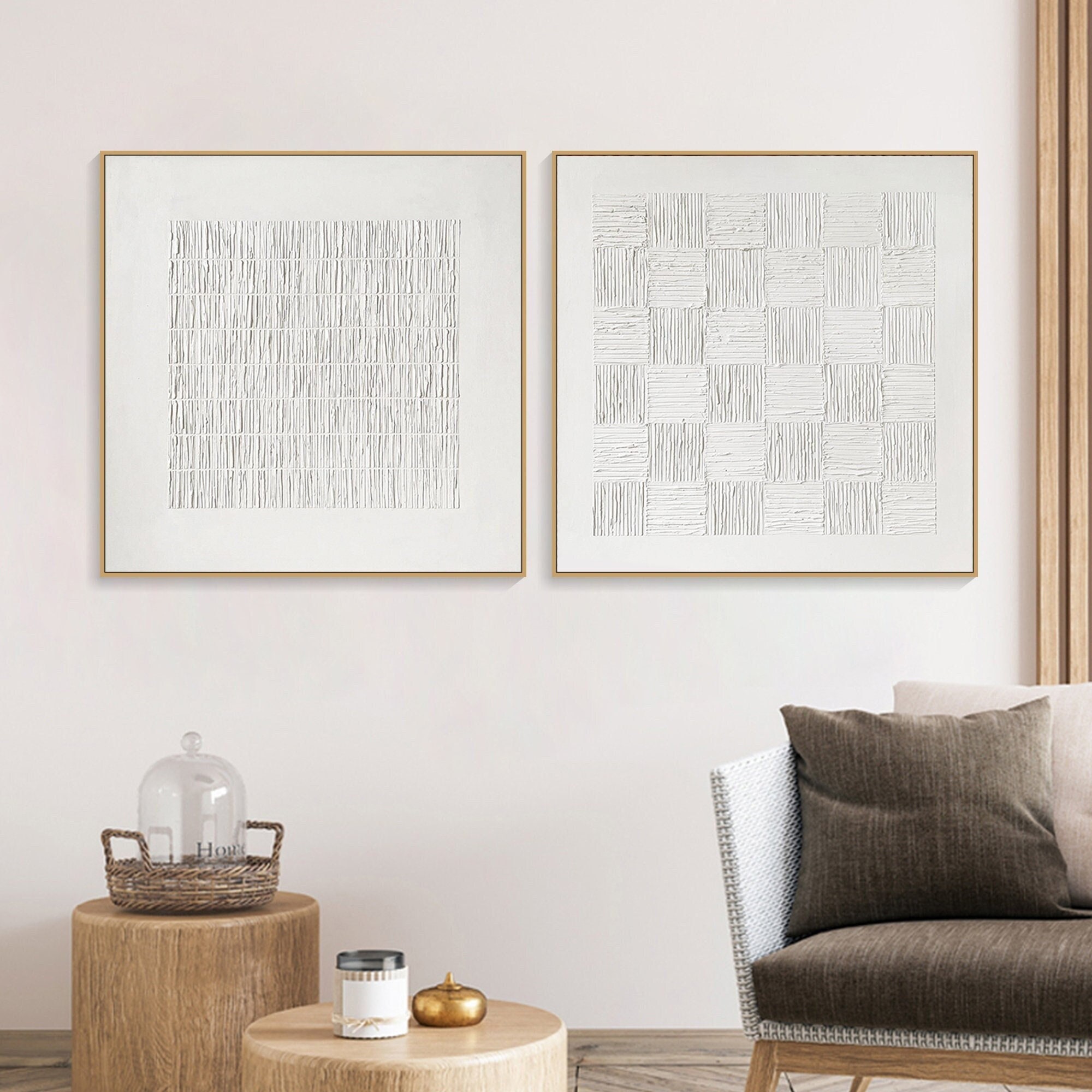 Original Minimalist Textured Wall Art 3D Plaster Painting on Canvas White Wabi-Sabi Wall Art Set of 2 Painting Home Decor Living Room Art