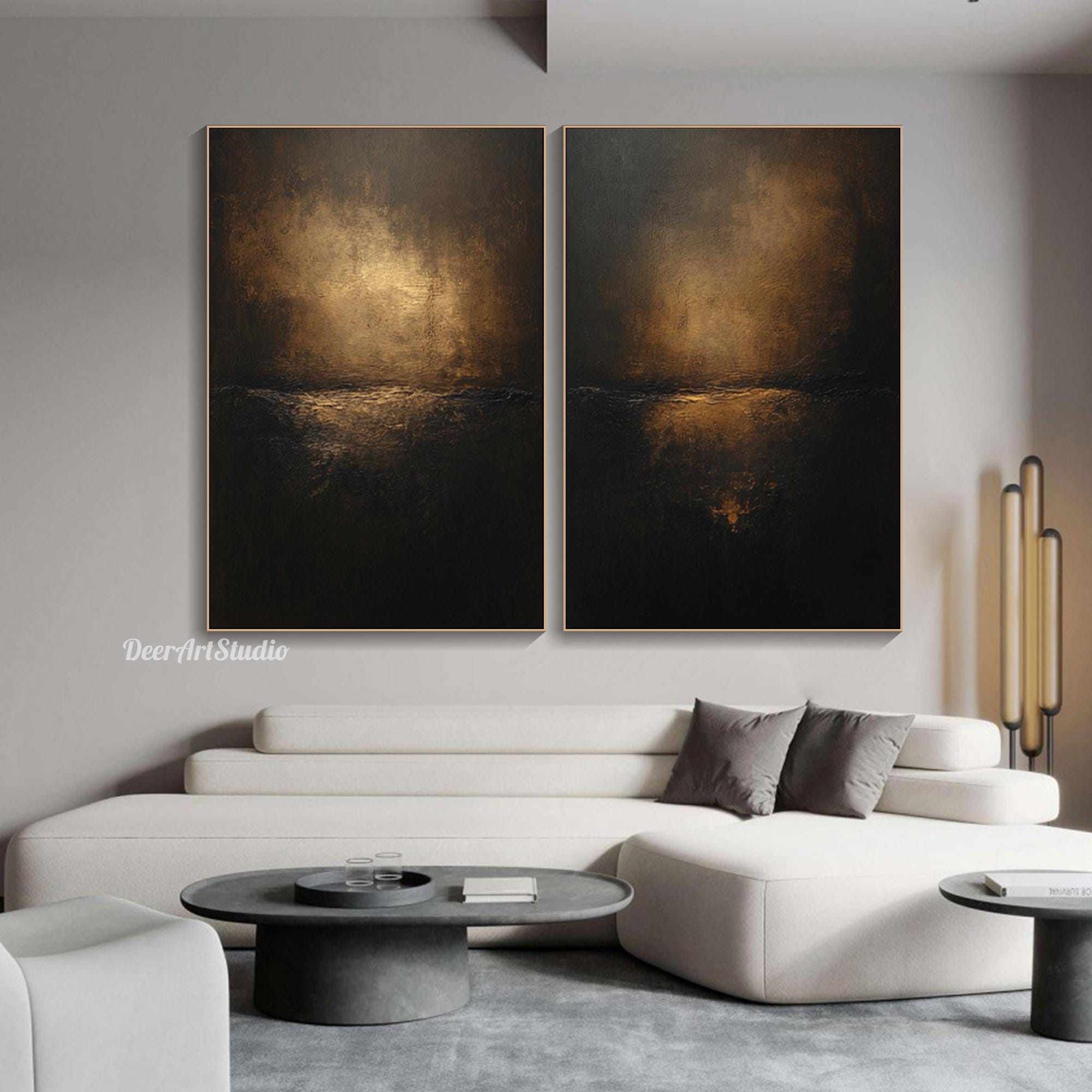 Dark Abstract Diptych Painting on Canvas Modern Textured Wall Art Set of 2 Minimalist Black Gold Canvas Art Luxury Statement Living Room Art