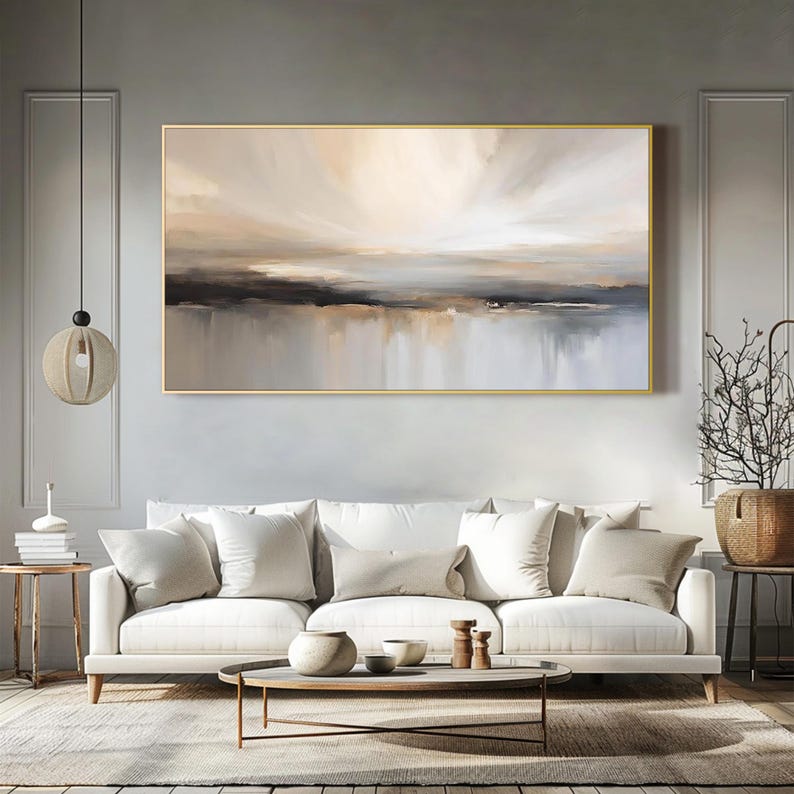 Neutral Landscape Painting on Canvas Textured Beige Cream Wall Art ...