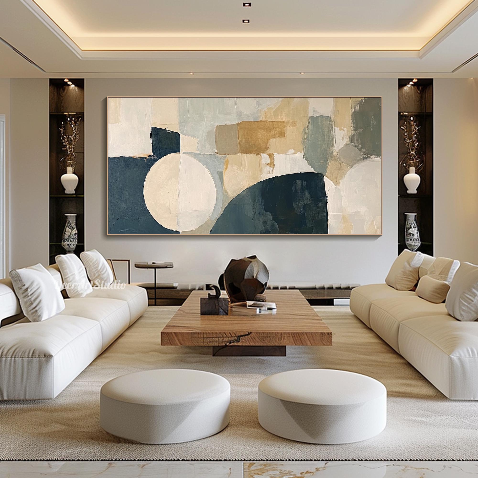 Large Geometric Abstract Painting Modern Neutral Minimalist Wall Art Beige and Blue Canvas Artwork Mid Century Inspired Decor Livingroom Art