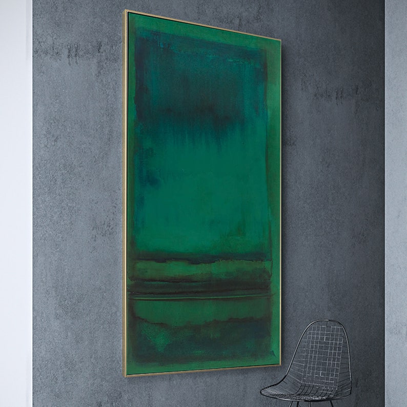 Puede incluir: Pintura abstracta con fondo verde y una fina l&iacute;nea horizontal en el medio. La pintura est&aacute; enmarcada en un marco dorado.