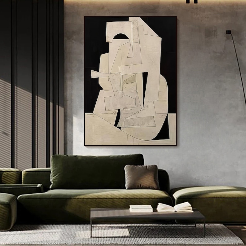 May include: Abstract art print featuring a white geometric design on a black background. The design is made up of overlapping shapes and lines, creating a sense of depth and movement.