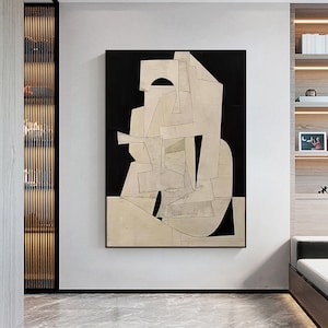 Off Black White Minimalist Painting on Canvas Mid-Century Modern Shape Art Large Scale Textured Sculpture Art Cubist Fragmented Forms Art image 3