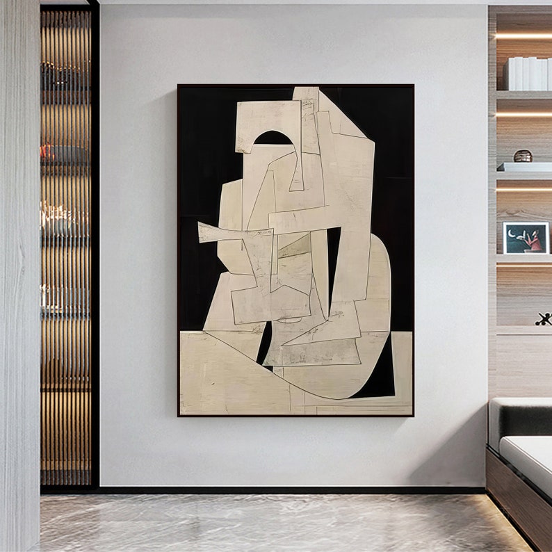 Off Black White Minimalist Painting on Canvas Mid-Century Modern Shape Art Large Scale Textured Sculpture Art Cubist Fragmented Forms Art image 3