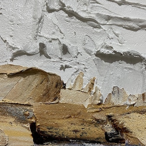 May include: Abstract textured painting with a palette of neutral colors. The artwork features thick, layered brushstrokes in shades of white, beige, and brown, creating a sense of depth and dimension. The style is reminiscent of a landscape.