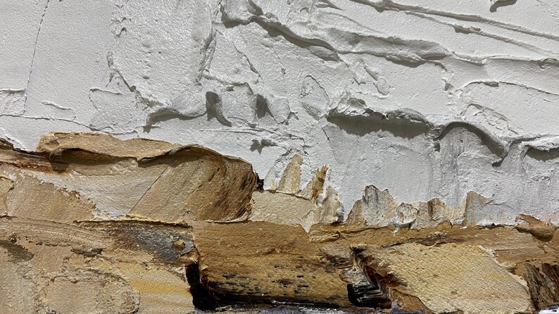 May include: Abstract textured painting with a palette of neutral colors. The artwork features thick, layered brushstrokes in shades of white, beige, and brown, creating a sense of depth and dimension. The style is reminiscent of a landscape.
