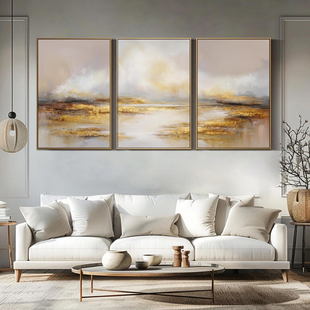 Abstract Gold Painting on Canvas 3 Piece Triptych Textured Wall Art ...