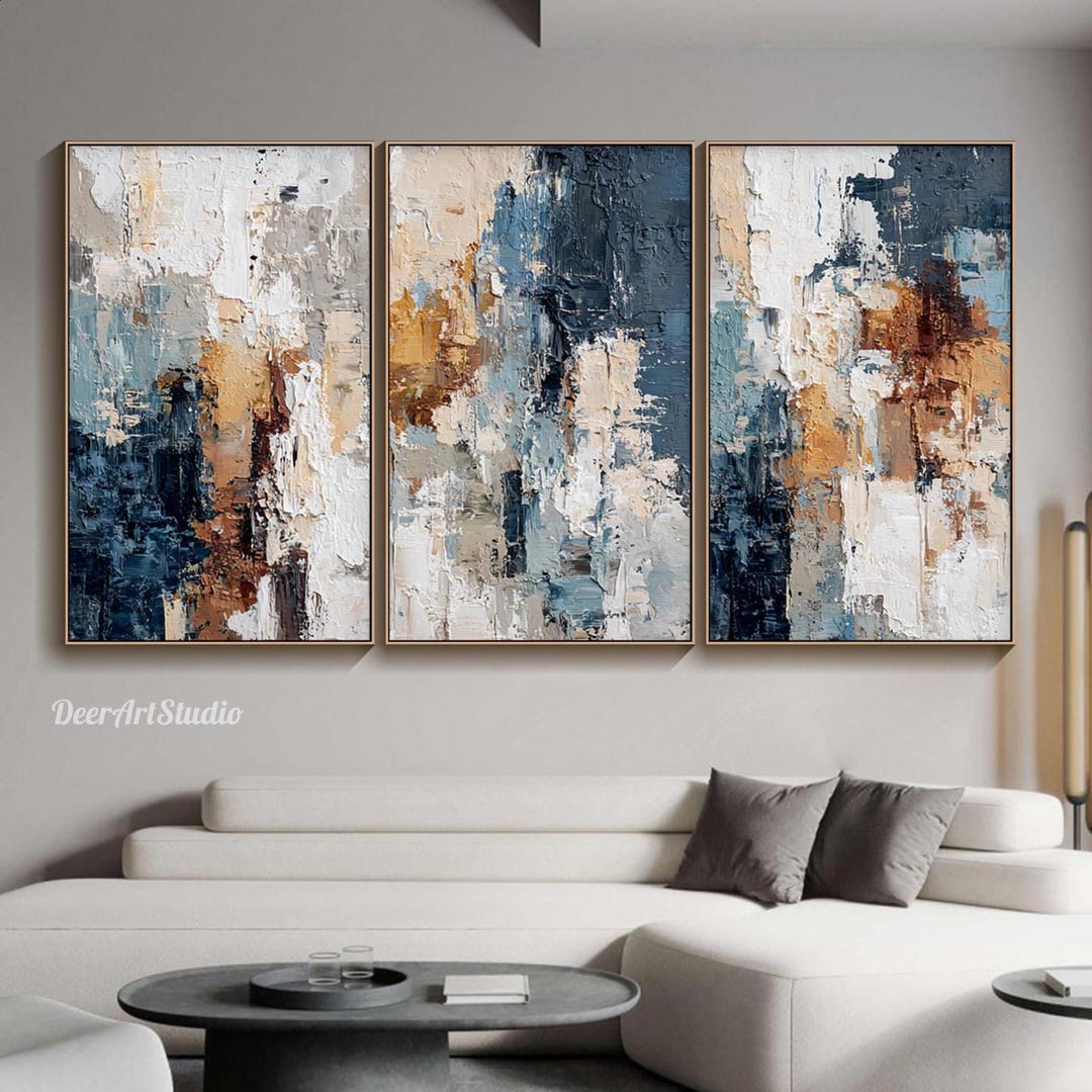 3D Luxury Abstract Triptych Oil Painting on Canvas Textured Blue