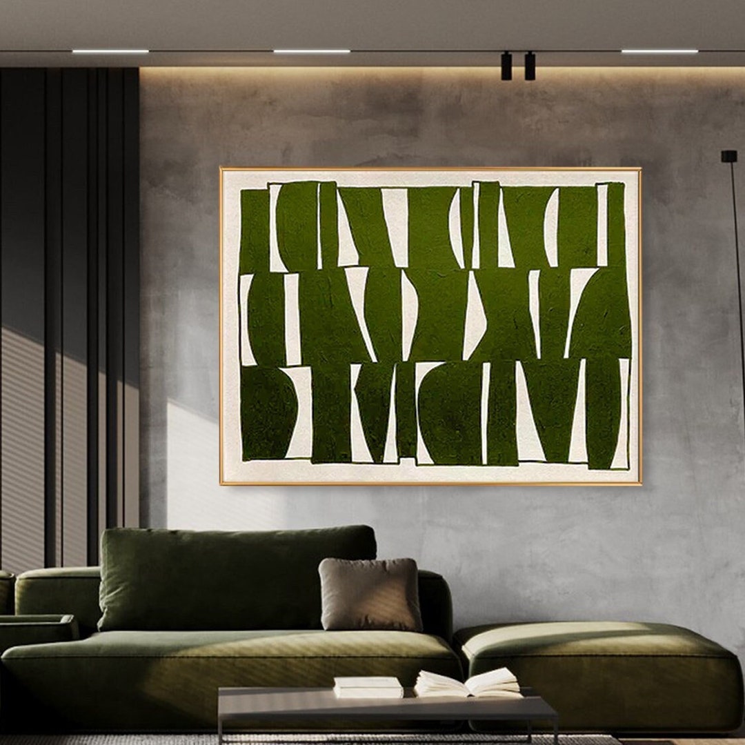 Green Beige Mid Century Modern Painting on Canvas 3D Textured Wall Art