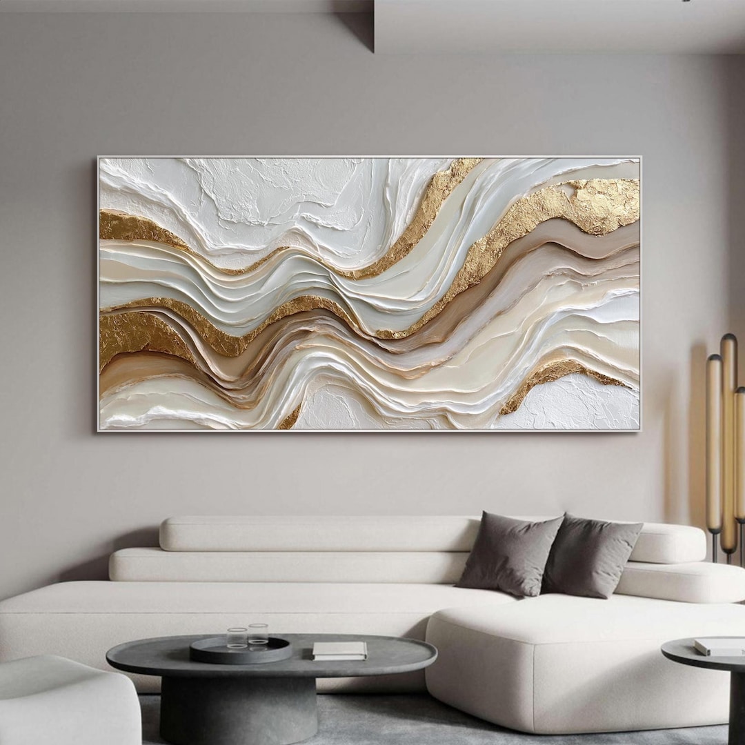 3D Abstract Oil Painting on Canvas Cream Beige Textured Wall Art Modern ...
