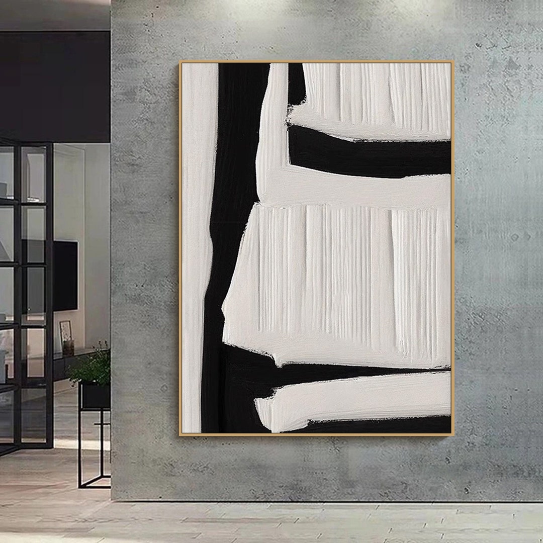 Framed Textured Wall Art Minimalist Painting on Canvas Black White
